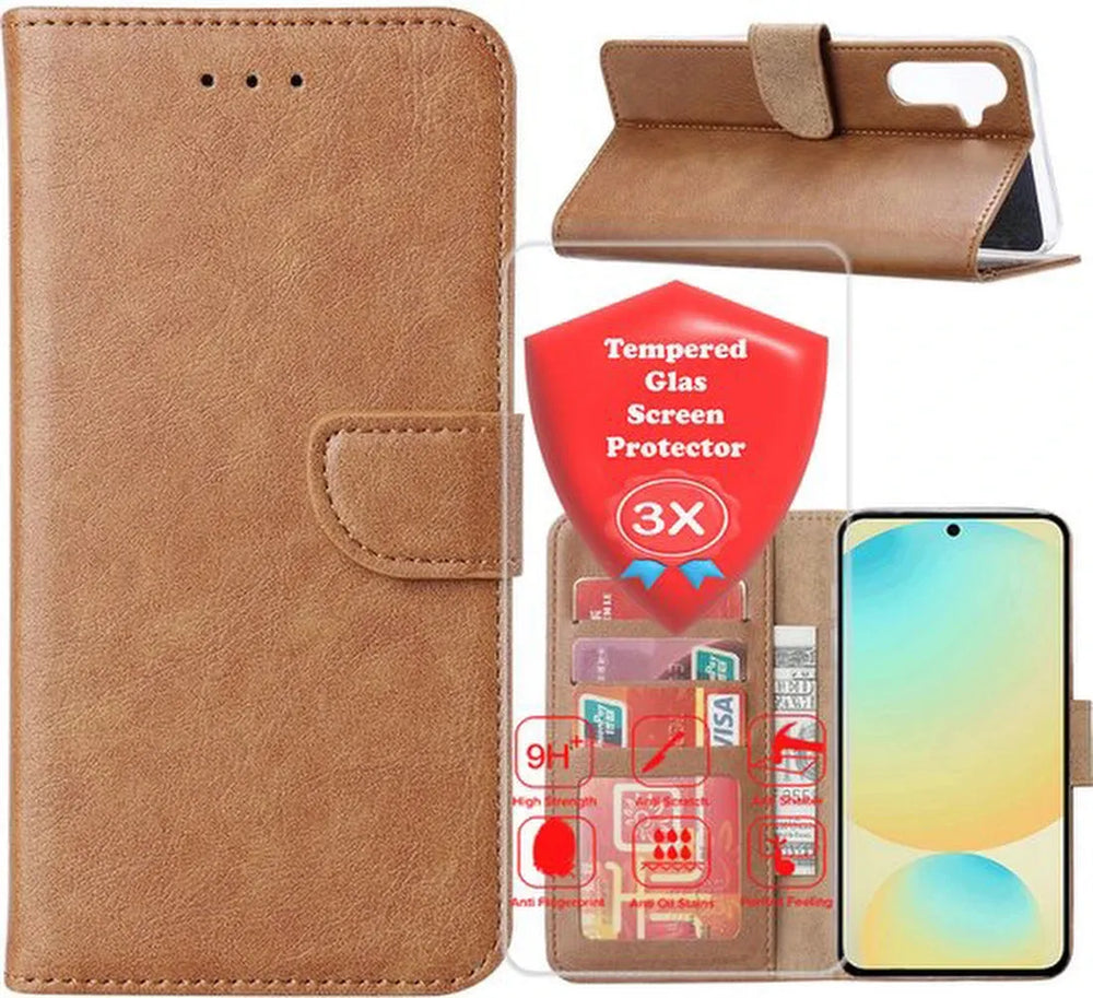 Samsung Galaxy S25 Edge Hoesjes – Portemonnee Bookcase – Magneetsluiting – 3 Pasjes – Lichtbruin + 3x Gehard Glas Screenprotector-Ilumina Benelux