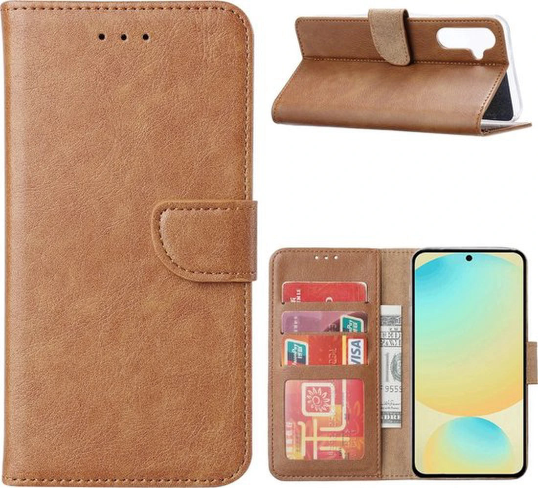 Samsung Galaxy S25 Edge Hoesjes – Portemonnee Bookcase – Magneetsluiting – 3 Pasjes – Lichtbruin + 3x Gehard Glas Screenprotector