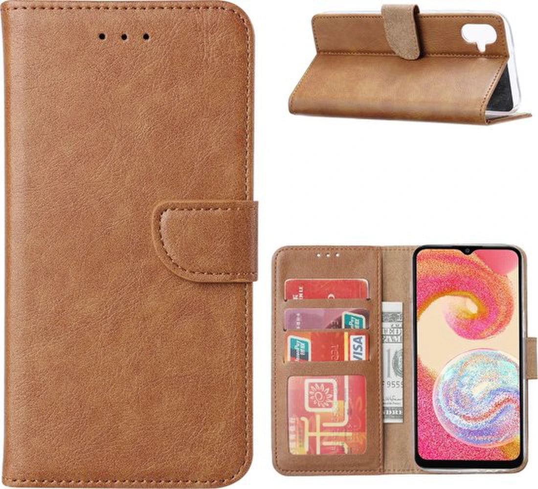 Bookcase Geschikt voor: Samsung Galaxy A07 LichtBruin - Portemonnee hoesje met 3x Glas Screen protector - Book Cover