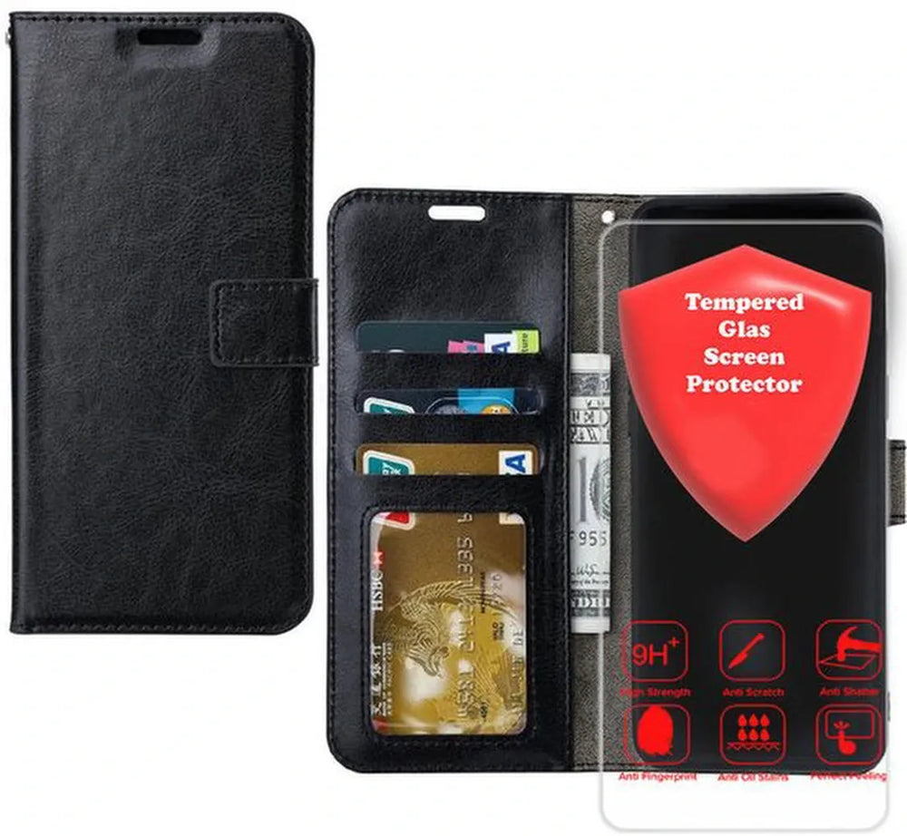 Xiaomi 13T Hoesjes – Portemonnee Bookcase – Magneetsluiting – 1x Gehard Glas Screenprotector – Zwart-Ilumina Benelux