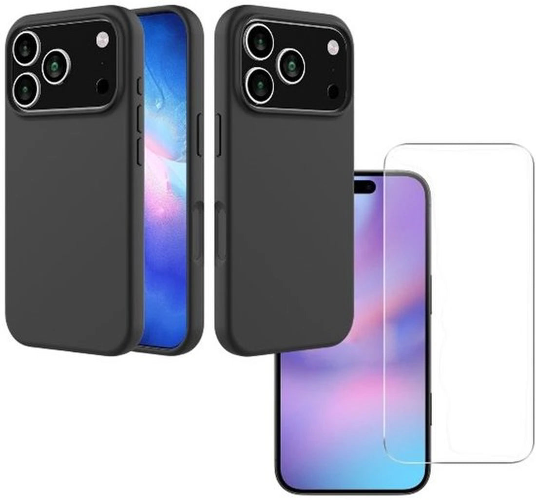 iPhone 17 Pro Max Hoesjes – Liquid Siliconen Backcover – Soft Touch – Zwart – Inclusief 2x Screenprotector