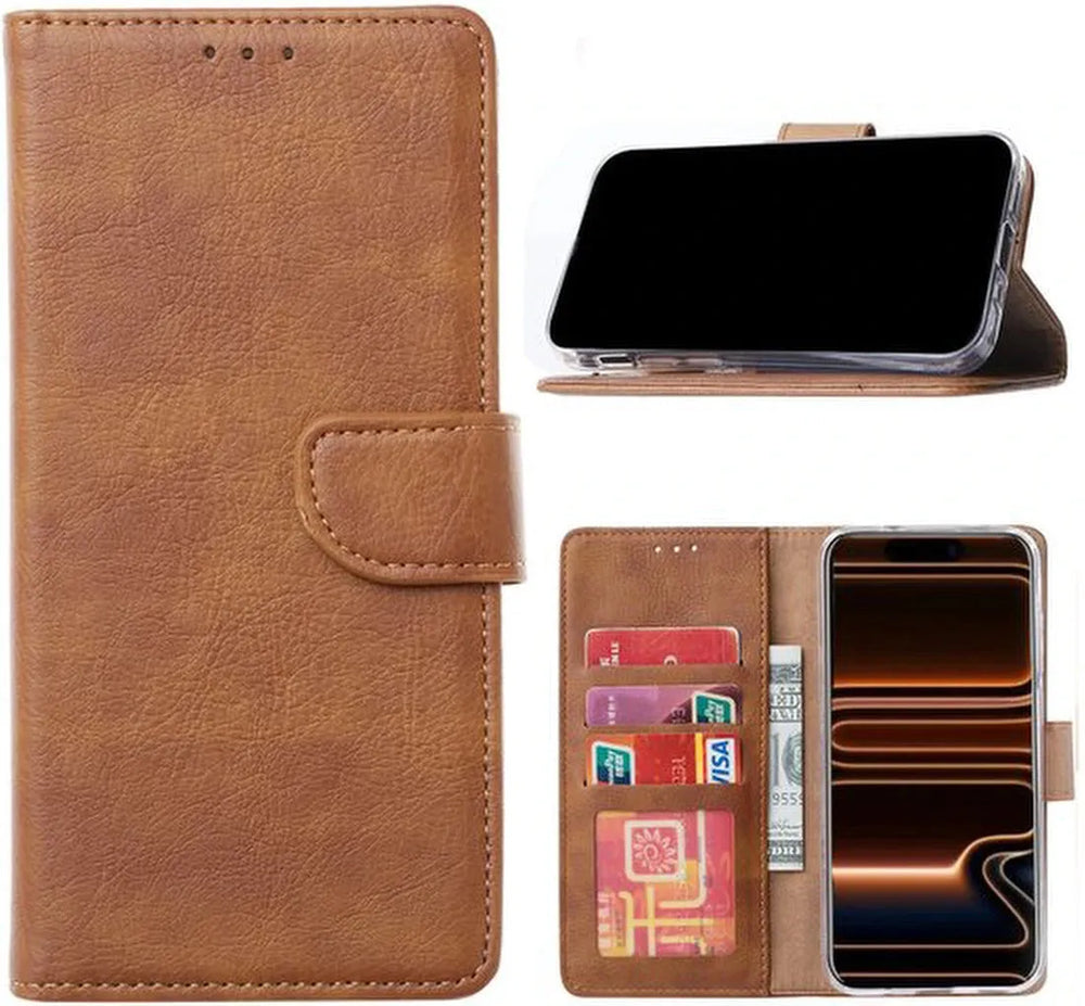 iPhone 16E Hoesjes – Bookcase Portemonnee Hoes – Magneetsluiting – Inclusief Screenprotector – Lichtbruin-Ilumina Benelux