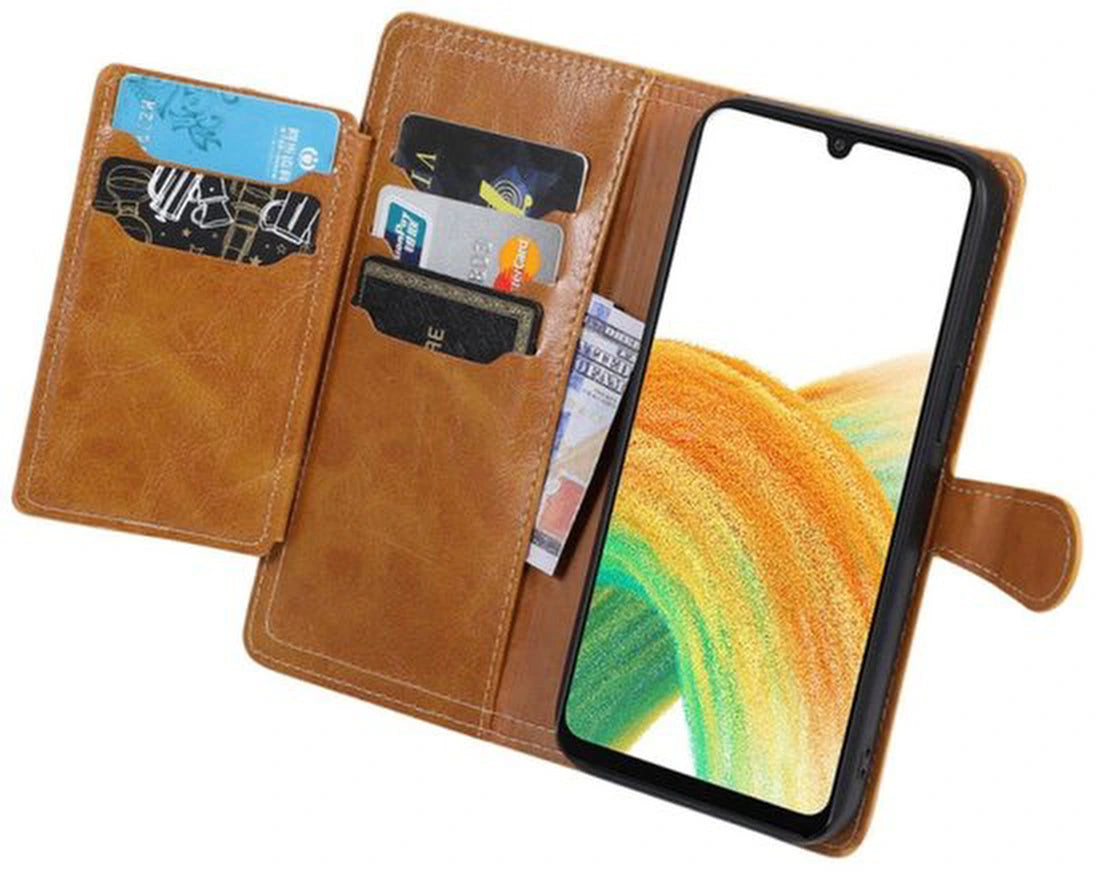 Samsung Galaxy A36 / A56 5G Hoesjes – Bookcase Flipcover – Ritssluiting – Magneetsluiting – 5 Pasjeshouder – Lichtbruin