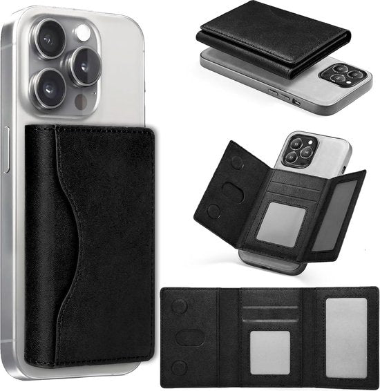 Pasjeshouder Portemonnee – Geschikt voor iPhone 12/13/14/15/16/17 – MagSafe compatibel – Opvouwbaar leer – Zwart-Pasjeshouders-Ilumina Benelux