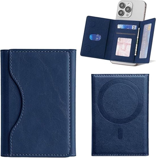 Pasjeshouder Portemonnee – Geschikt voor iPhone 12/13/14/15/16/17 – Opvouwbaar Leer – MagSafe Compatibel – Blauw-Pasjeshouders-Ilumina Benelux