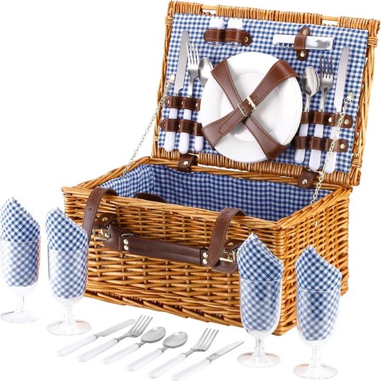Picknickmand 4 personen – Rieten picnic hamper – Inclusief bestek, borden & wijnglazen – Waterdicht gewatteerd picknickkleed – Naturel-Picknickmand-Ilumina Benelux