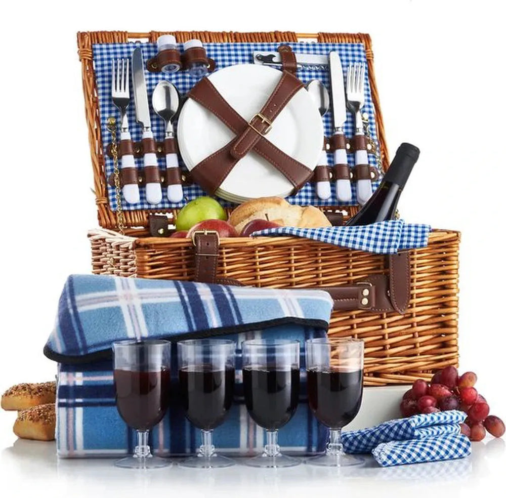 Picknickmand 4 personen – Rieten picnic hamper – Inclusief bestek, borden & wijnglazen – Waterdicht gewatteerd picknickkleed – Naturel-Picknickmand-Ilumina Benelux