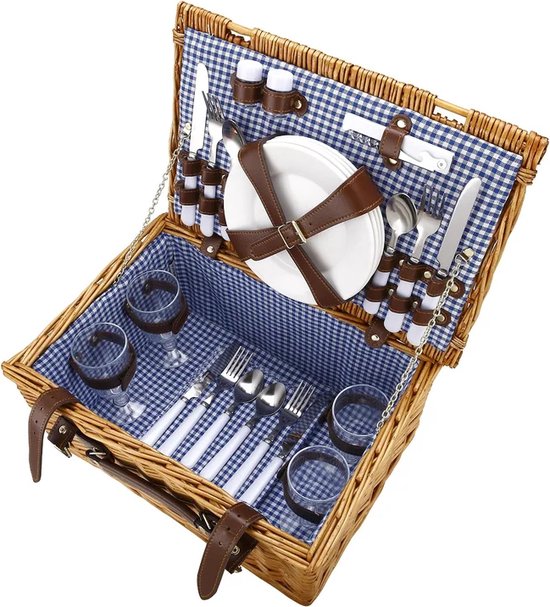 Picknickmand 4 personen – Rieten picnic hamper – Inclusief bestek, borden & wijnglazen – Waterdicht gewatteerd picknickkleed – Naturel-Picknickmand-Ilumina Benelux