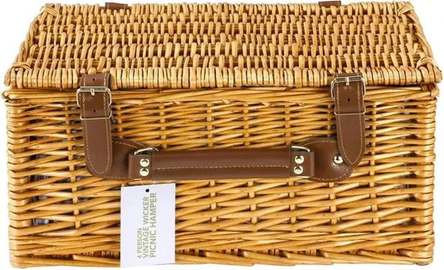 Picknickmand 4 personen – Rieten picnic hamper – Inclusief bestek, borden & wijnglazen – Waterdicht gewatteerd picknickkleed – Naturel-Picknickmand-Ilumina Benelux