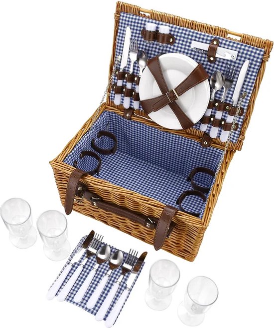 Picknickmand 4 personen – Rieten picnic hamper – Inclusief bestek, borden & wijnglazen – Waterdicht gewatteerd picknickkleed – Naturel-Picknickmand-Ilumina Benelux