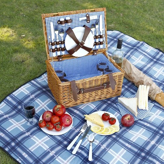 Picknickmand 4 personen – Rieten picnic hamper – Inclusief bestek, borden & wijnglazen – Waterdicht gewatteerd picknickkleed – Naturel-Picknickmand-Ilumina Benelux