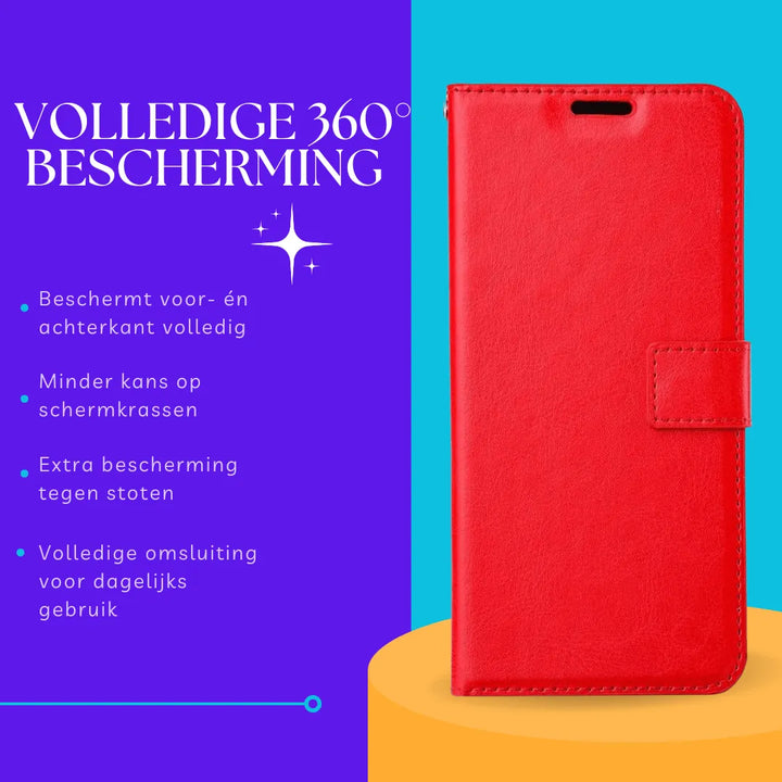 Hoesjes – Bookcase Portemonnee – Magneetsluiting – Pasjeshouder – Rood + 3x Screenprotector-Ilumina Benelux