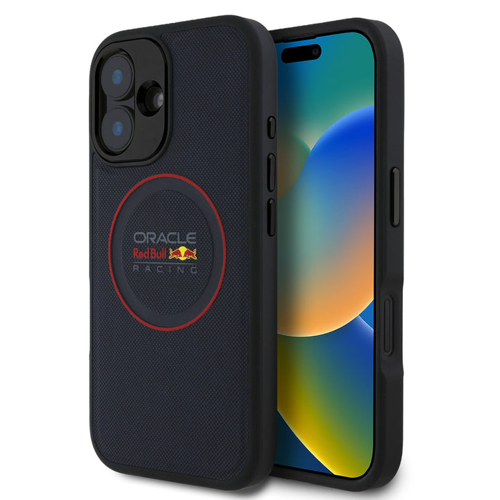 Red Bull Racing iPhone 16 Backcover hoesje - Magsafe - Meshed PU Leather - Red Ring Logo - Blauw-Hoesjes-Ilumina Benelux