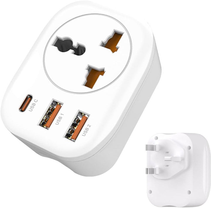 Reisadapter Type G – Universele stekkeradapter VAE/VK/HK – 2x USB + USB-C – Voor USA/EU/CN stekkers – Wit-Ilumina Benelux