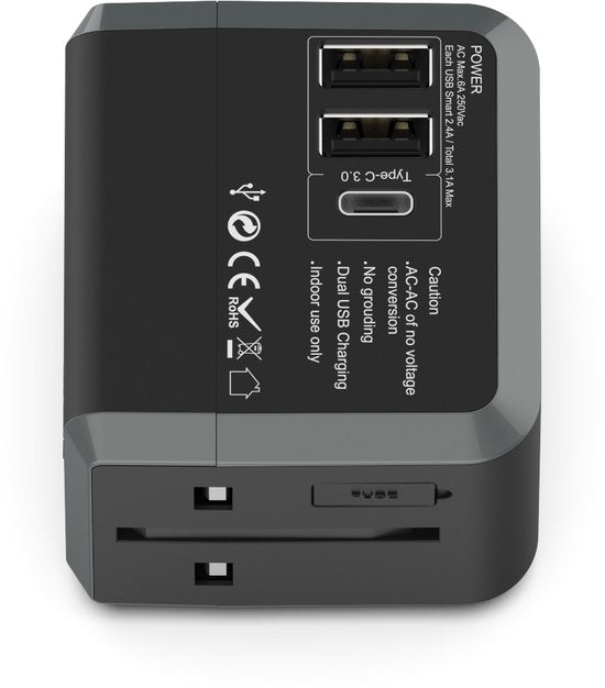 Reisadapter internationaal – Universeel – 3x USB-C + USB poorten – Wereldstekker – Zwart-Ilumina Benelux