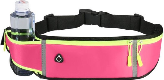 Running belt – Heuptas met waterfleshouder – Hoofdtelefoongat & reflecterende strip – Waterdicht Oxford – Roze-Money belt-Ilumina Benelux