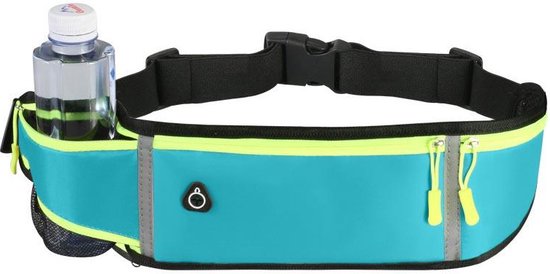 Running belt – Heuptas met waterfleshouder – Waterdicht Oxford – Reflecterende strip & hoofdtelefoongat – Blauw-Money belt-Ilumina Benelux
