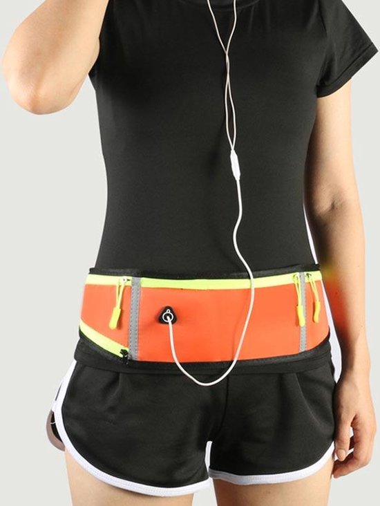 Running belt – Heuptas met waterfleshouder – Waterdicht Oxford – Reflecterende strip & hoofdtelefoongat – Oranje-Money belt-Ilumina Benelux