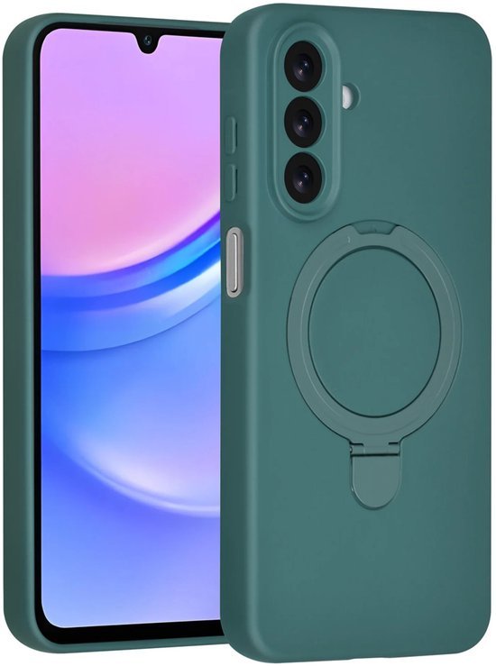 Samsung Galaxy A15 Hoesjes Schokbestendige Siliconen Backcover met Ringstandaard - DonkerGroen-Ilumina Benelux
