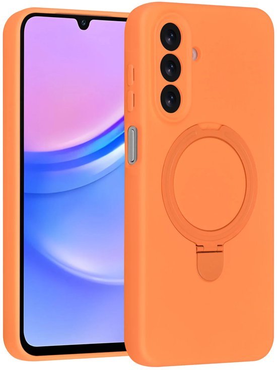 Samsung Galaxy A15 Hoesjes Schokbestendige Siliconen Backcover met Ringstandaard - Tangerine Orange-Ilumina Benelux