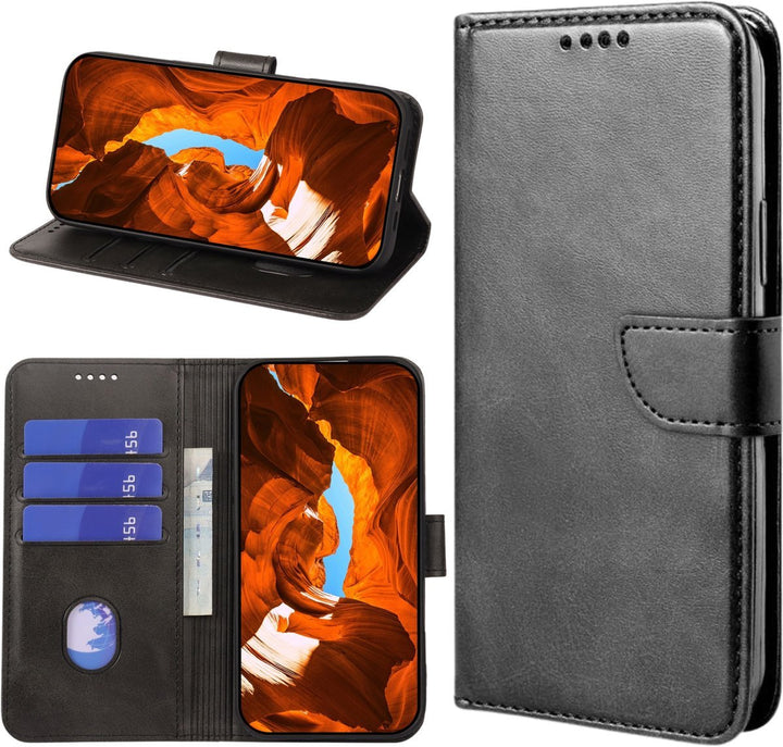 Samsung Galaxy A17 Hoesjes – Luxe PU Kalfsleer Wallet – Pasjeshouder – Magneetsluiting – Zwart-Hoesjes-Ilumina Benelux