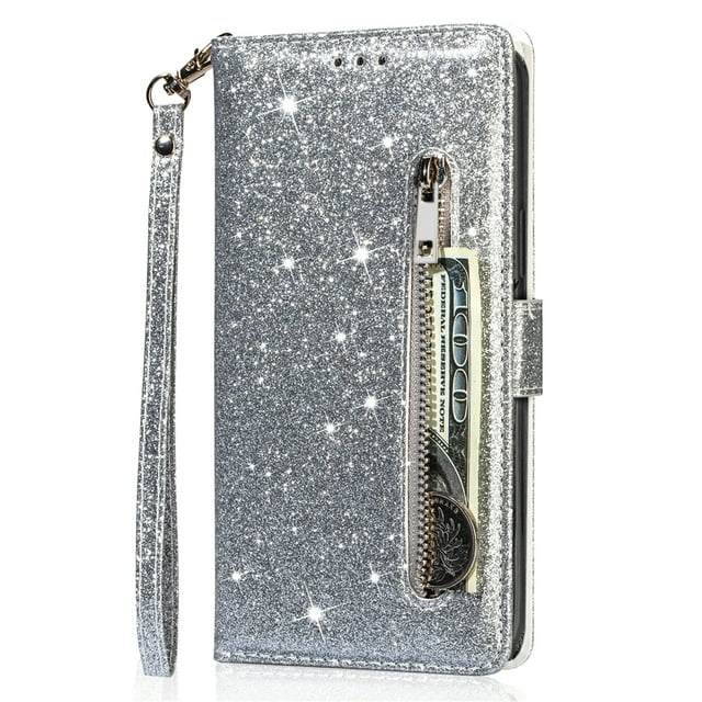 Samsung Galaxy A42 Hoesjes – Glitter Portemonnee Case – Rits & Koord – Pasjeshouder – Zilver-Ilumina Benelux