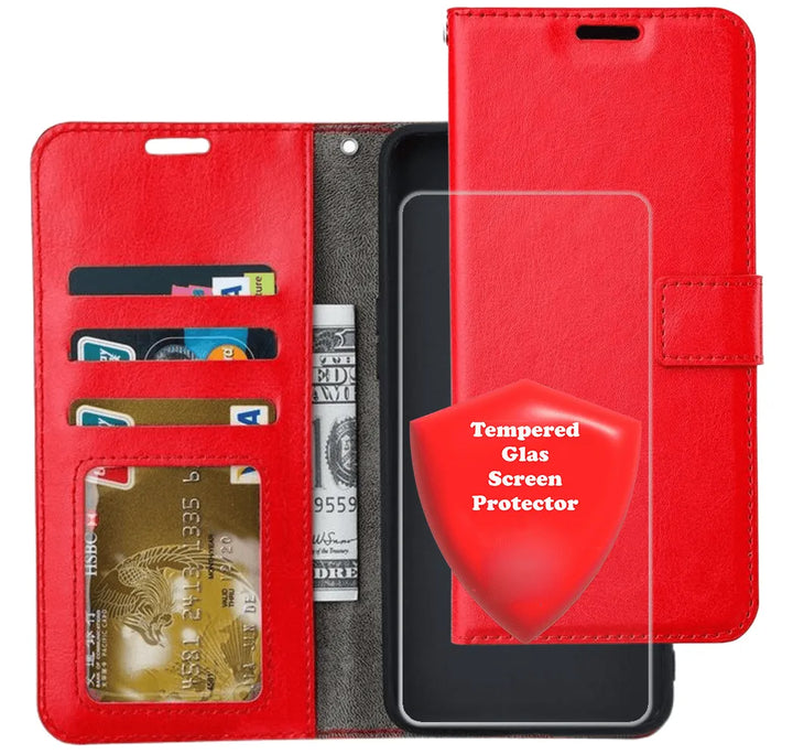 Samsung Galaxy S21 FE Hoesjes – Portemonnee Hoes – Magneetsluiting – 1x Gehard Glas Screenprotector – Rood-Ilumina Benelux