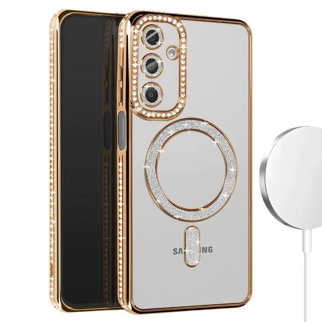 Telefoon met goudkleurige glinsterende hoes en losse ronde oplader