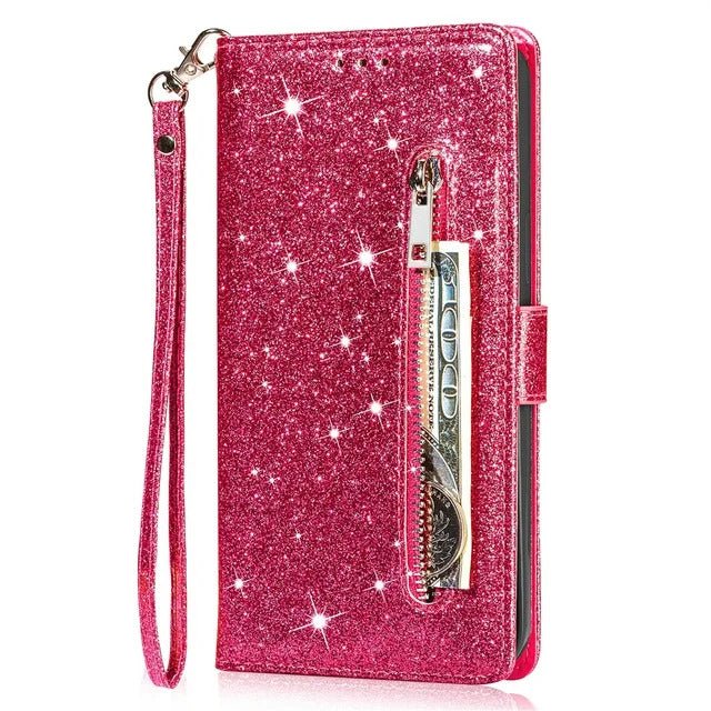 Samsung Galaxy M31 Hoesjes – Glitter Portemonnee Bookcase – Rits & Koord – Pasjeshouder – Roze-Ilumina Benelux