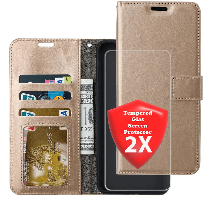 Samsung Galaxy A13 5G Hoesjes – Portemonnee Bookcase – Pasjeshouder – 2x Gehard Glas Screenprotector – Goud-Ilumina Benelux