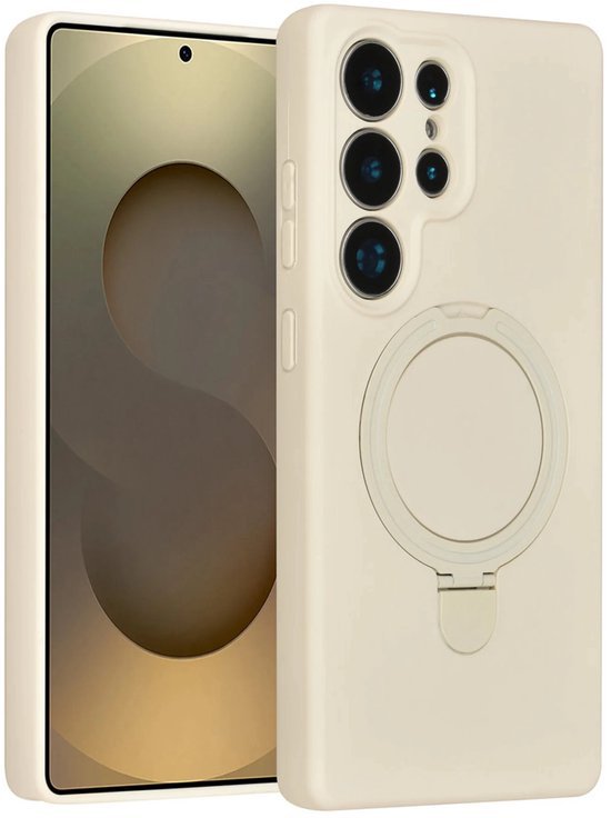 Samsung Galaxy S24 Ultra Hoesjes Schokbestendige Siliconen Backcover met Ringstandaard - Antique White-Ilumina Benelux