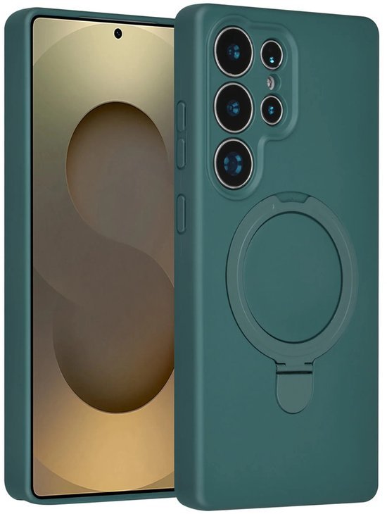 Samsung Galaxy S24 Ultra Hoesjes Schokbestendige Siliconen Backcover met Ringstandaard - DonkerGroen-Ilumina Benelux
