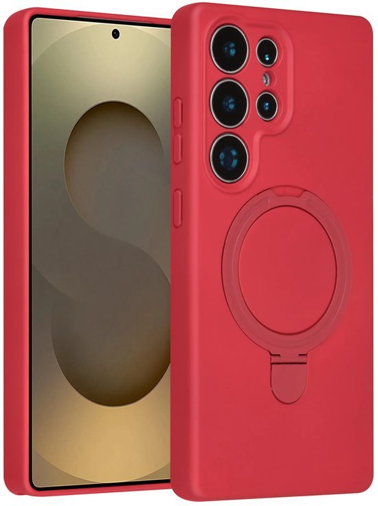 Samsung Galaxy S25 Ultra Hoesjes Schokbestendige Siliconen Backcover met Ringstandaard - Cherry Red-Ilumina Benelux
