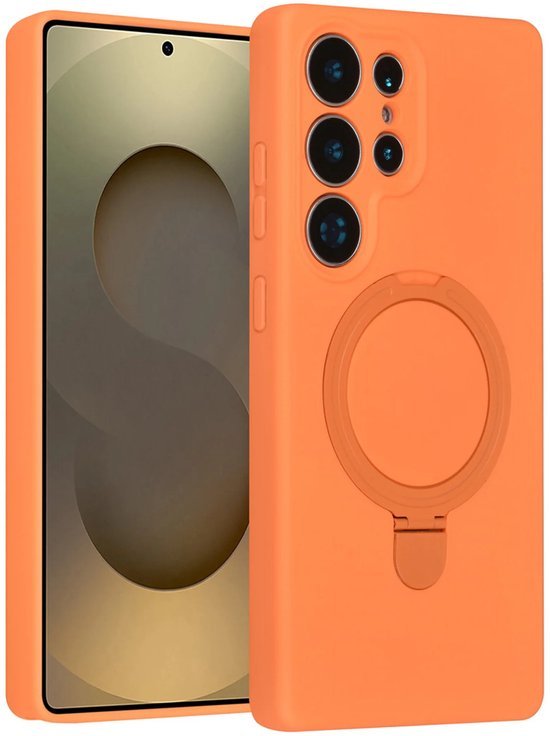 Samsung Galaxy S25 Ultra Hoesjes Schokbestendige Siliconen Backcover met Ringstandaard - Tangerine Orange-Ilumina Benelux