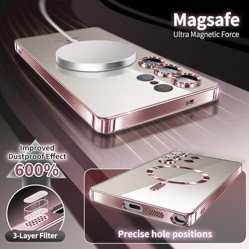 Telefoon in roségouden ringhoesje bij ronde oplader en onderdelenillustratie