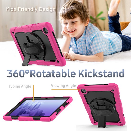 Kind bekijkt tablet in roze-zwarte hoes met uitgeklapte standaard