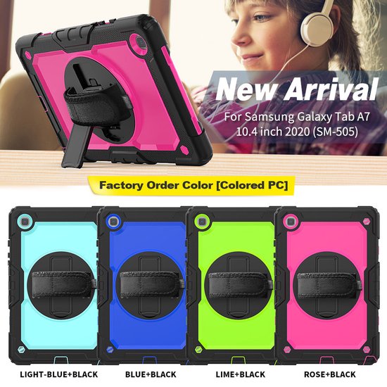 Samsung Galaxy Tab A7 10.4 (2020) T500 – Kids Armor Case Hoesjes – Schokbestendig – Handstrap & Schouderband – Zwart/Roze-Tablethoesjes-Ilumina Benelux