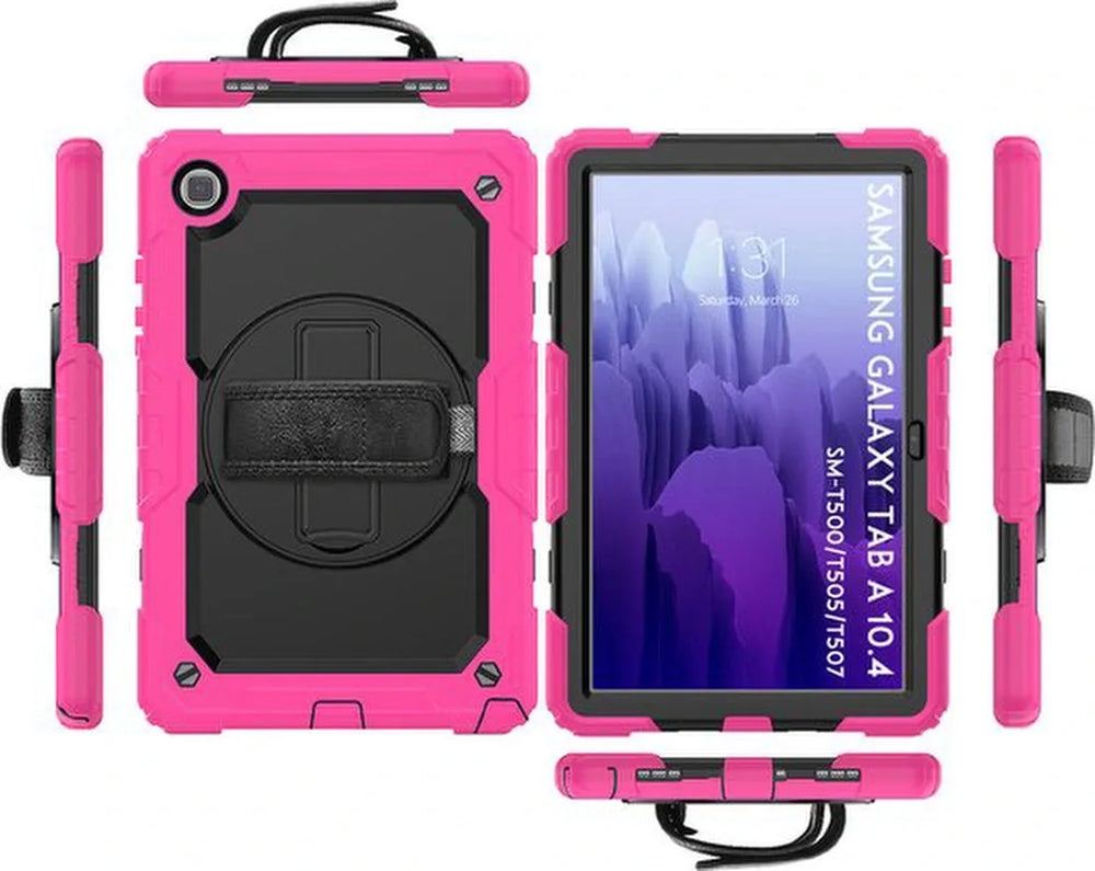 Roze-zwarte tablethoes met tablet en details van uitsparingen