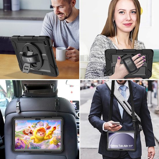 Samsung Galaxy Tab A9 Plus & Tab A11 Plus – Kids Armor Case Hoesjes – Schokbestendig – Handstrap & Schouderband – Zwart-Tablethoesjes-Ilumina Benelux