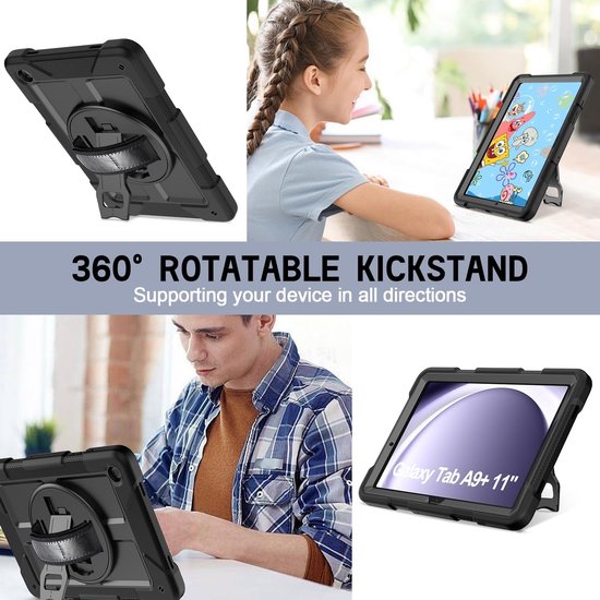 Samsung Galaxy Tab A9 Plus & Tab A11 Plus – Kids Armor Case Hoesjes – Schokbestendig – Handstrap & Schouderband – Zwart-Tablethoesjes-Ilumina Benelux