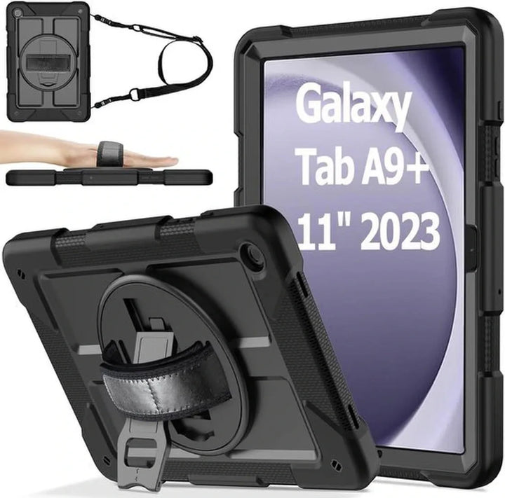 Samsung Galaxy Tab A9 Plus & Tab A11 Plus – Kids Armor Case Hoesjes – Schokbestendig – Handstrap & Schouderband – Zwart-Tablethoesjes-Ilumina Benelux