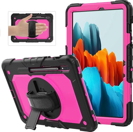 Samsung Galaxy Tab S8 Plus/S7 Plus/S7 FE 12.4 Hoesjes – Schokbestendig – Screenprotector – Handriem/Schouderriem – Roze/Zwart-Tablethoesjes-Ilumina Benelux