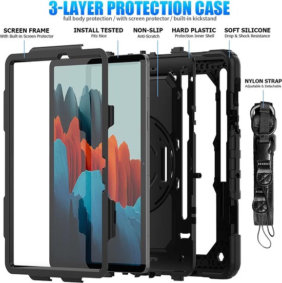 Samsung Galaxy Tab S8 Plus/S7 Plus/S7 FE 12.4 Hoesjes – Schokbestendig – Screenprotector – Zwart-Tablethoesjes-Ilumina Benelux