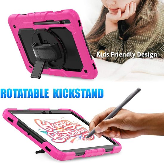 Samsung Galaxy Tab S8/S7 11 inch Hoesjes – Schokbestendig – Screenprotector – Handriem & Schouderriem – Zwart/Roze-Tablethoesjes-Ilumina Benelux