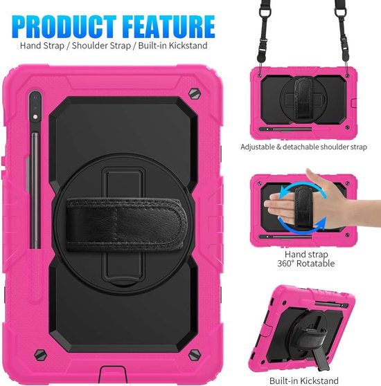 Samsung Galaxy Tab S8/S7 11 inch Hoesjes – Schokbestendig – Screenprotector – Handriem & Schouderriem – Zwart/Roze-Tablethoesjes-Ilumina Benelux
