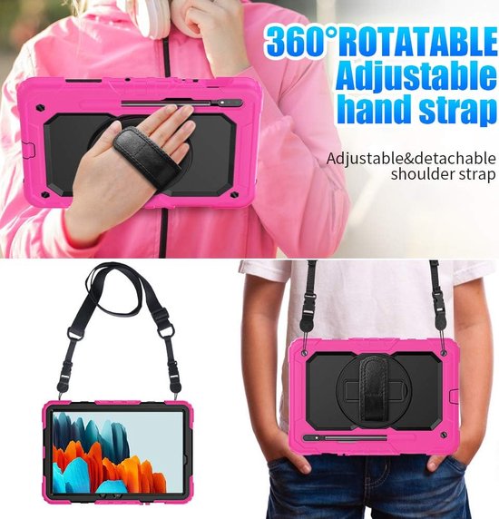 Samsung Galaxy Tab S8/S7 11 inch Hoesjes – Schokbestendig – Screenprotector – Handriem & Schouderriem – Zwart/Roze-Tablethoesjes-Ilumina Benelux