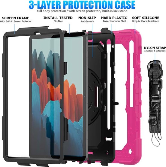 Samsung Galaxy Tab S8/S7 11 inch Hoesjes – Schokbestendig – Screenprotector – Handriem & Schouderriem – Zwart/Roze-Tablethoesjes-Ilumina Benelux