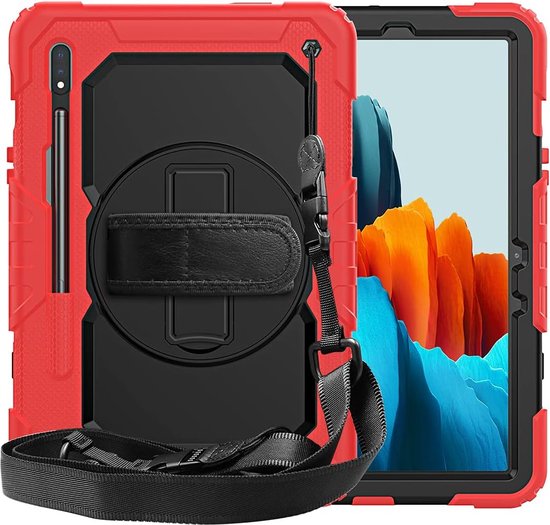 Samsung Galaxy Tab S8/S7 11 inch Hoesjes – Schokbestendig – Screenprotector + handriem/schouderriem – Rood-Tablethoesjes-Ilumina Benelux