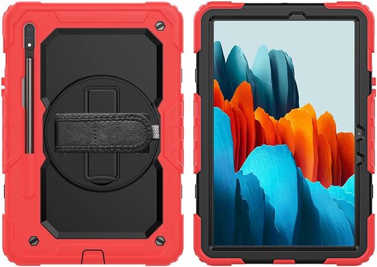 Samsung Galaxy Tab S8/S7 11 inch Hoesjes – Schokbestendig – Screenprotector + handriem/schouderriem – Rood-Tablethoesjes-Ilumina Benelux