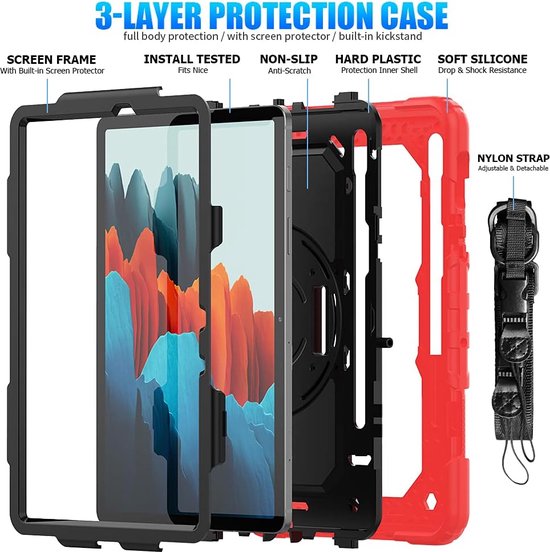 Samsung Galaxy Tab S8/S7 11 inch Hoesjes – Schokbestendig – Screenprotector + handriem/schouderriem – Rood-Tablethoesjes-Ilumina Benelux